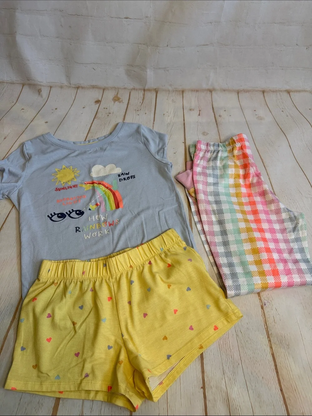 Cat & Jack 3-Piece Rainbow Pajama Set with Yellow Shorts and Pastel Plaid Pants